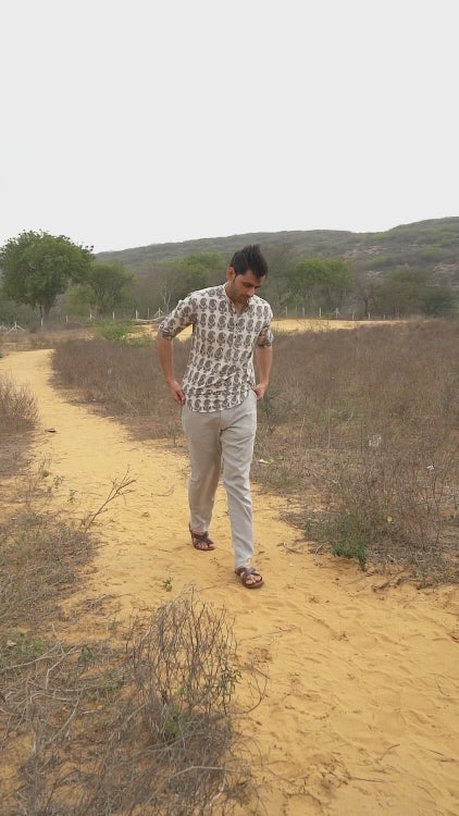 White Full Sleeve Cotton Hand Block Printed Men's Shirt